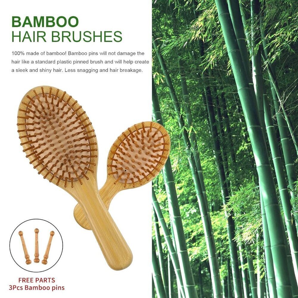 Hair Brush Set, Natural Bamboo Comb Paddle Detangling Hairbrush, Wide-tooth and - Picture 3 of 9